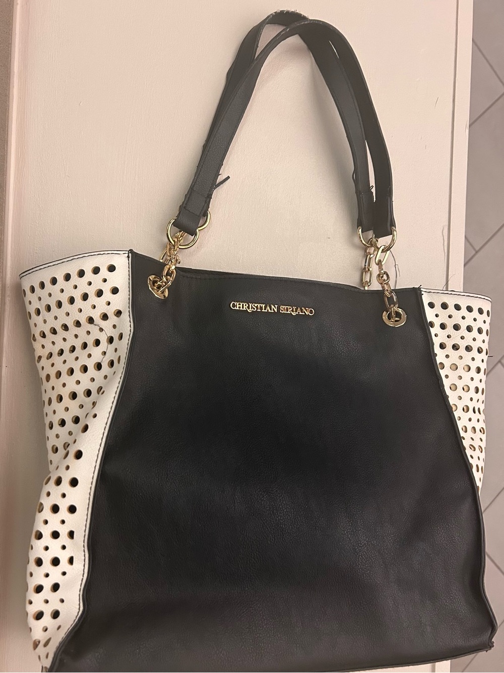 Christian Siriano Black and White Perforated Tote with Gold Hardware